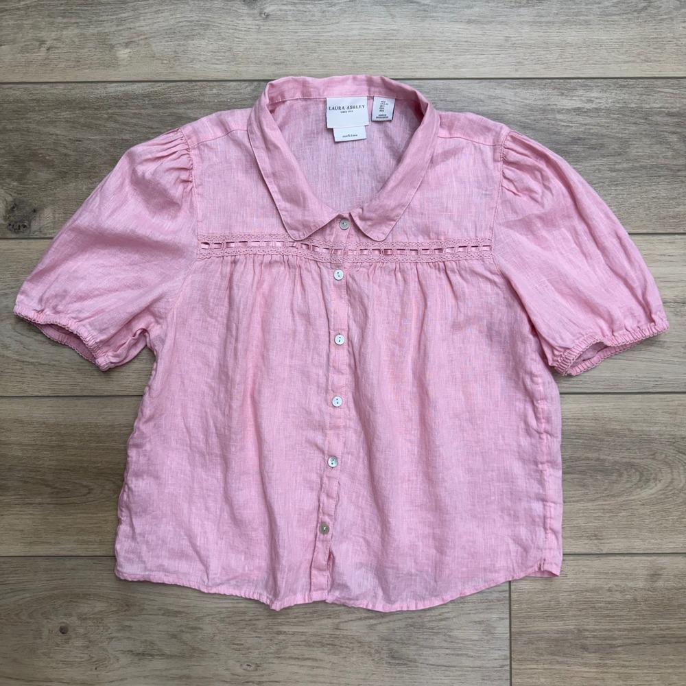 Laura Ashley Pink Linen Lace Ribbon Puff Sleeve Blouse Top Soft Girl Large